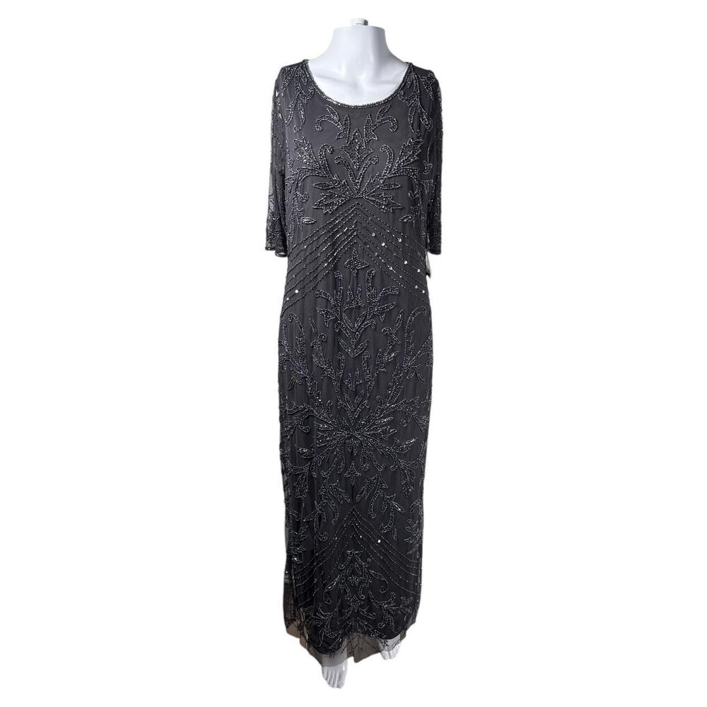 Pisarro Nights Women's Beaded Elbow Sleeve A-Line Dress in Slate Sz 6P MSRP $278